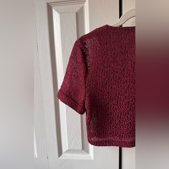 Vintage Coastal Granny Knit Cardigan Burgundy White Mesh and Embroidered Collar - Picture 10 of 11